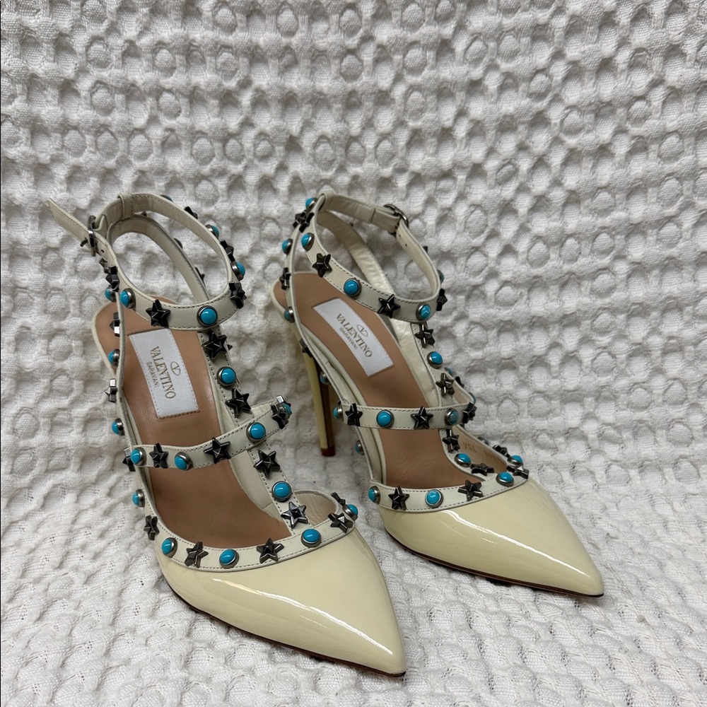 Valentino Cream and Turquoise Studded Heels